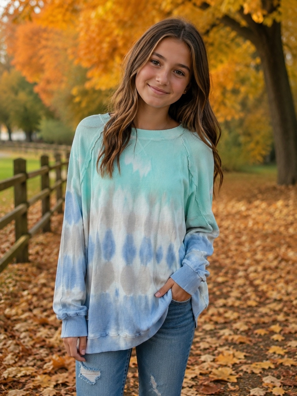 Simply Southern Girls' Tie-Dye Long Sleeve Top - Aqua & Light Blue